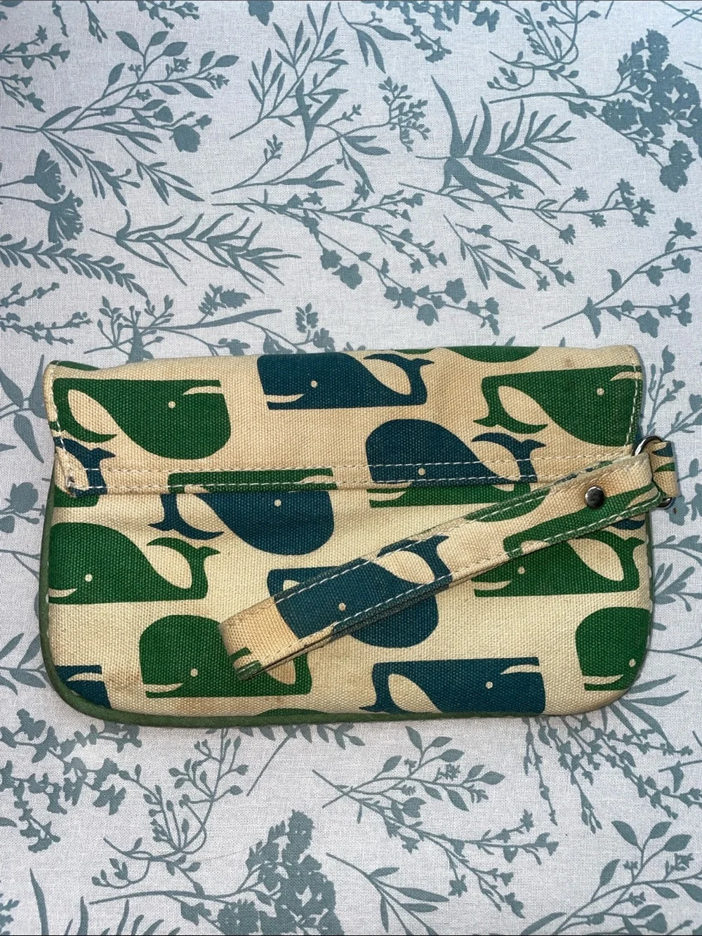 bungalow 360 Cream Wristlet with Green and Teal Whale Print